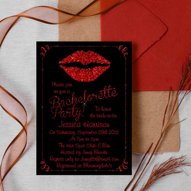 Ruby Red Lips Glitter Effect Bachelorette Party Invitation (Creator Uploaded)