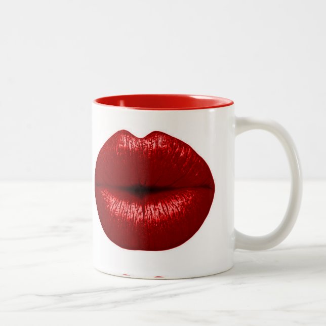 RUBY RED LIPSTICK MAKEUP BEAUTY FASHION SALON LIPS Two-Tone COFFEE MUG (Right)