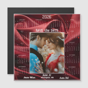 Ruby Red Luxury Satin Save the Date Engaged Couple