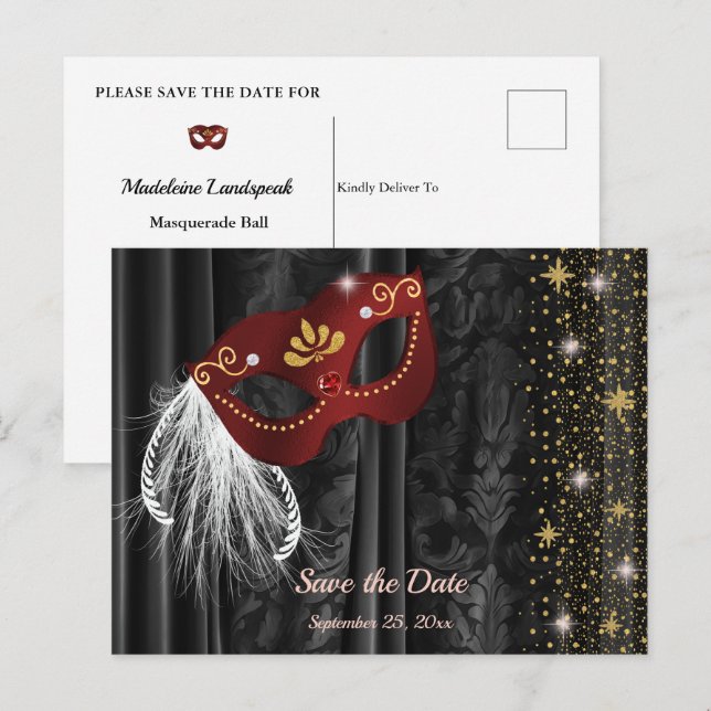 Ruby Red Masquerade Black Damask Save the Date Postcard (Front/Back)