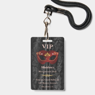 Ruby Red Masquerade VIP Pass Black Damask Gold ID Badge