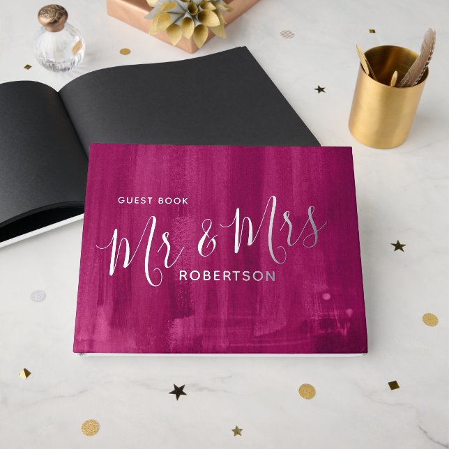 Ruby red modern art painted custom wedding  guest book (Front Open)