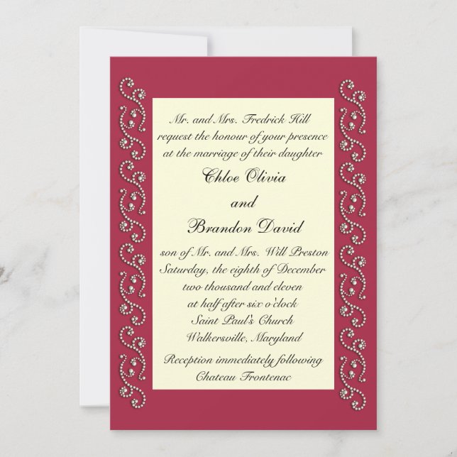 Ruby Red, Off White and Pearls Wedding Invitation (Front)