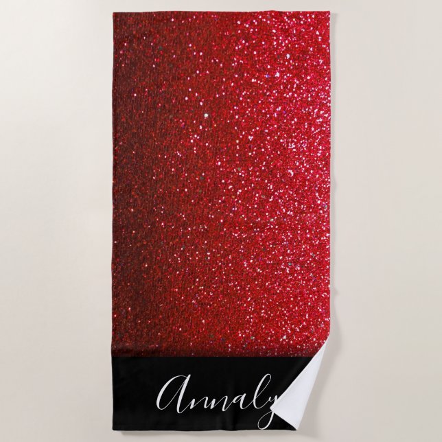 Ruby Red Ombre Glitter Sparkles Beauty Queen Glam Beach Towel (Front)