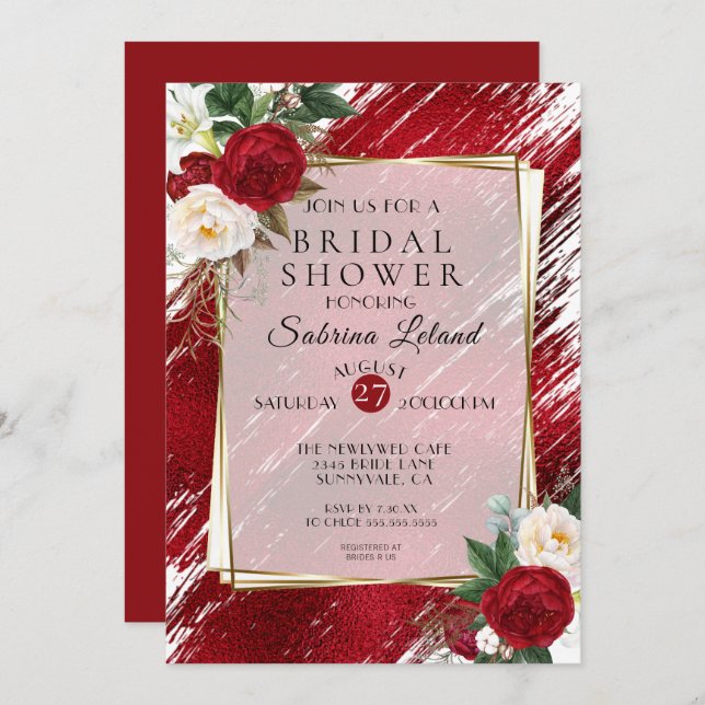 Ruby Red Peonies and Crimson Paint Stroke Invitation (Front/Back)