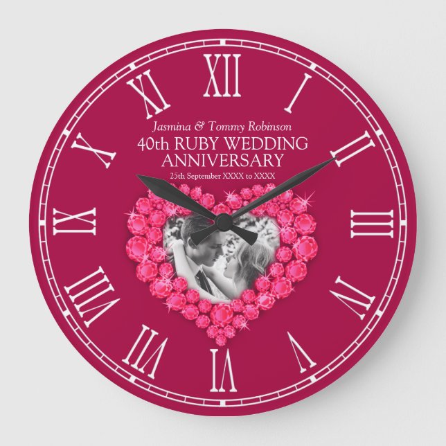 Ruby red photo heart 40th wedding anniversary large clock (Front)