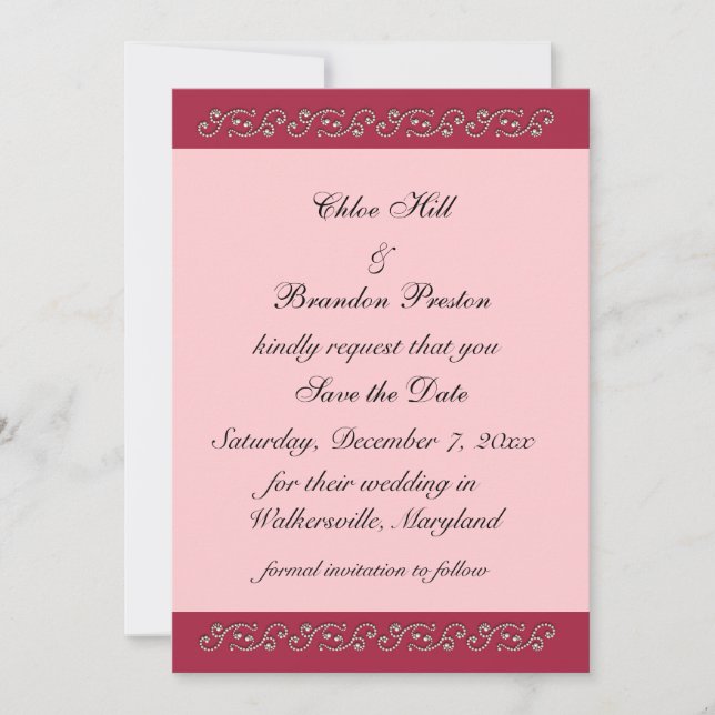 Ruby Red, Pink and Pearls Save the Date (Front)