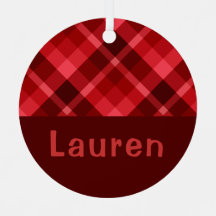 Ruby Red Plaid Monogram Circle Metal Ornament