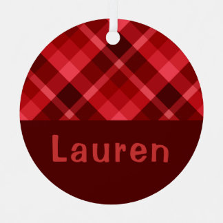 Ruby Red Plaid Monogram Circle Metal Ornament 