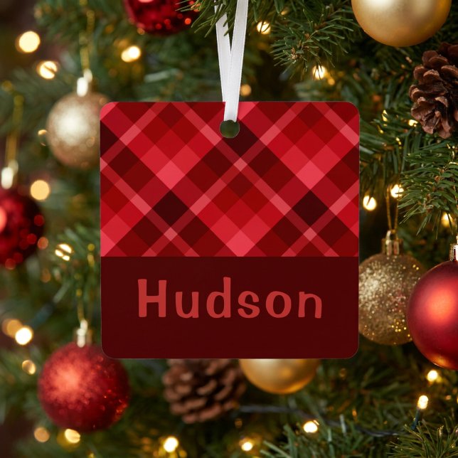 Ruby Red Plaid Monogram Metal Square Ornament  (Ruby Red Plaid Monogram Metal Square Ornament )