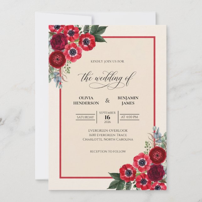Ruby Red Poppy Wedding Invitation (Front)