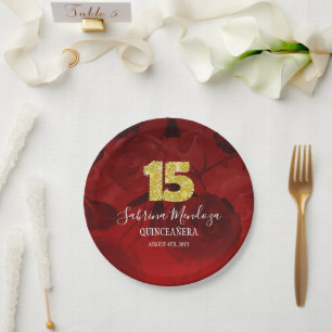 Ruby Red Quinceanera Gold #15  Paper Plates