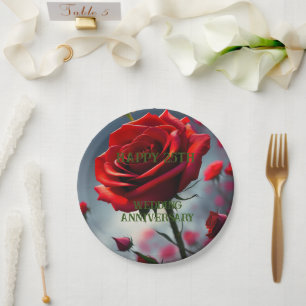 Ruby Red Rose 25th Wedding Anniversary, Paper Plate