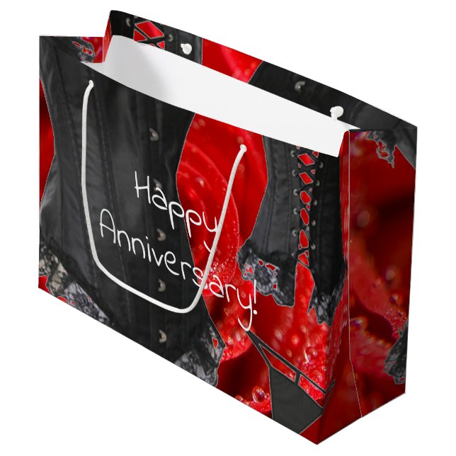 ruby red rose black corset anniversary large gift bag (Front Angled)
