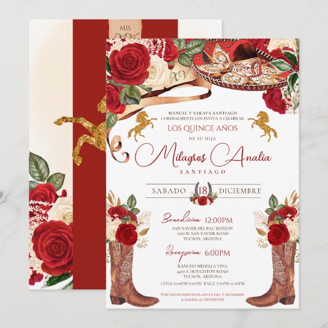 Ruby Red Rose Fancy Western Charra Quinceanera Invitation (Front/Back)