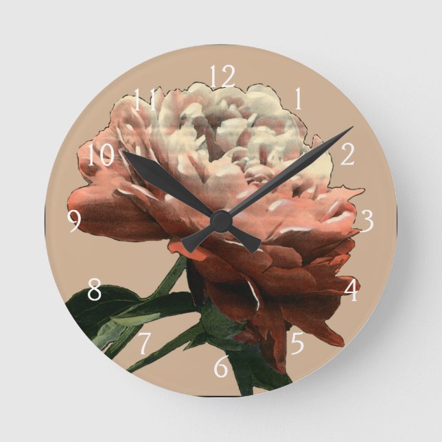 Ruby Red Rose with White Accents Round Clock (Front)