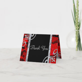 Ruby Red Roses & Diamond Swirls Wedding Thank You Card