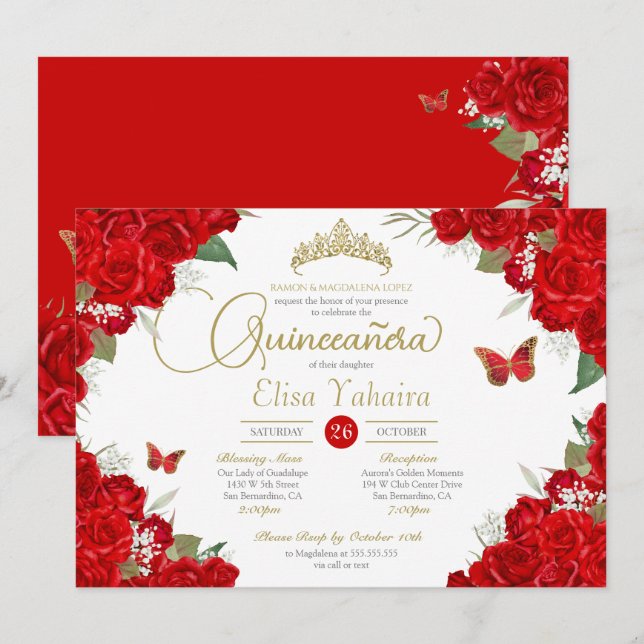 Ruby Red Roses Floral Tiara Butterfly Quinceanera Invitation (Front/Back)