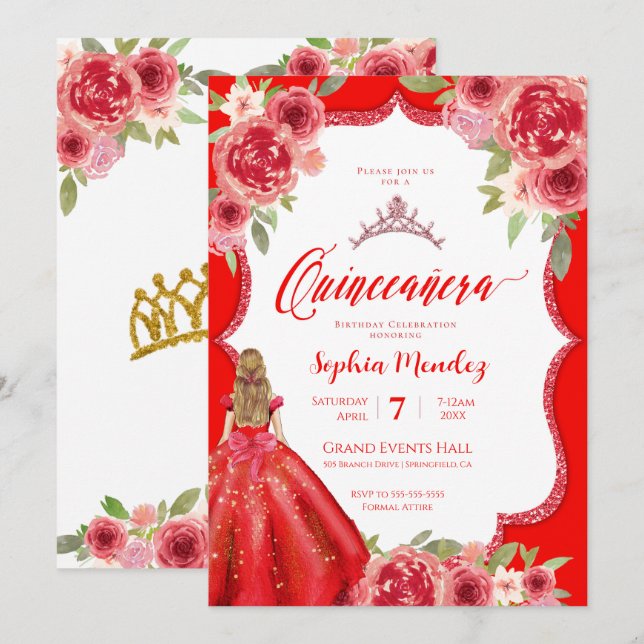 Ruby Red Roses Floral Watercolor Quinceañera Invitation (Front/Back)