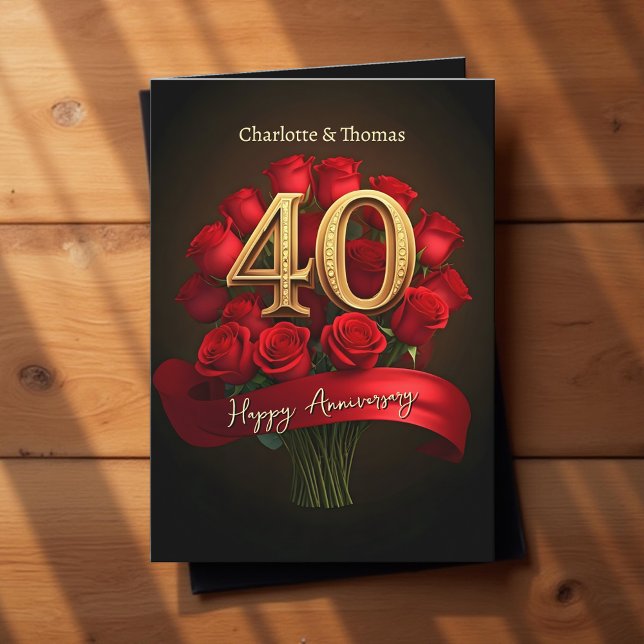 Ruby Red Roses Golden 40th Wedding Anniversary Card (Creator Uploaded)