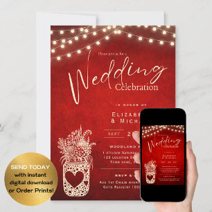 Ruby Red Rustic Mason Jar Wedding DIGITAL Print Invitation