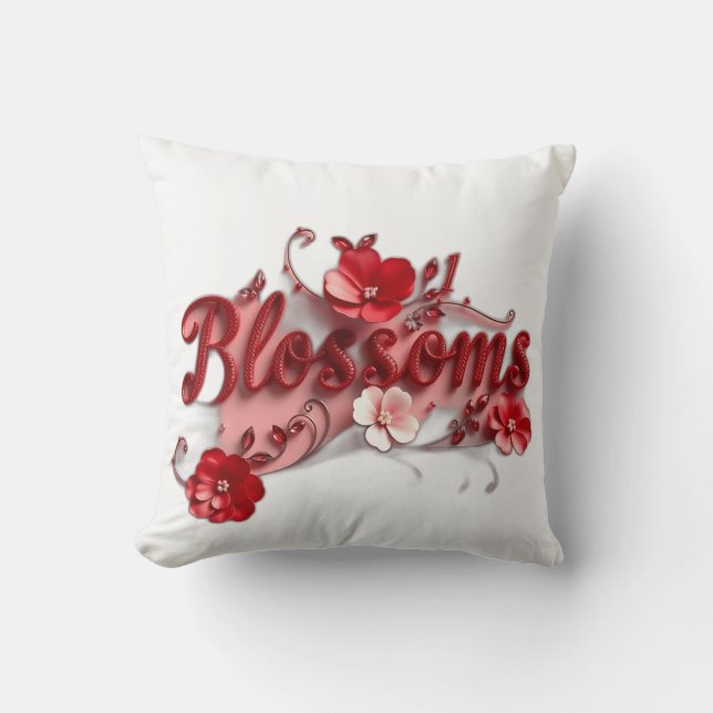 Ruby Red Script Blossoms Cushion (Front)