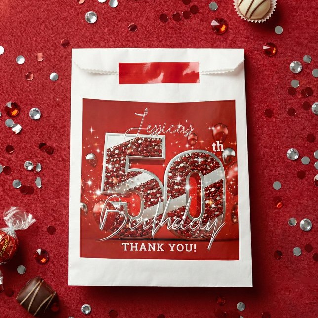 Ruby Red Silver Glitter Balloons 50th Birthday Favour Bags (Creator Uploaded)