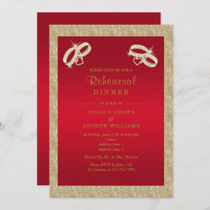 Ruby Red, Sparkly Gold Rings Rehearsal Dinner Invitation