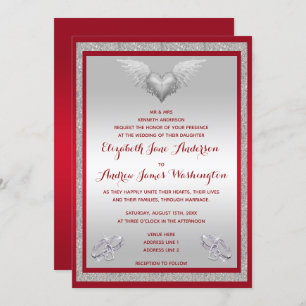 Ruby Red, Sparkly Rings & Feather Heart Wedding Invitation
