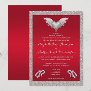 Ruby Red, Sparkly Rings & Feather Heart Wedding Invitation