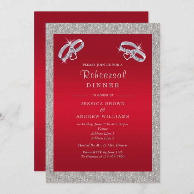 Ruby Red, Sparkly Silver Rings Rehearsal Dinner Invitation (Front/Back)