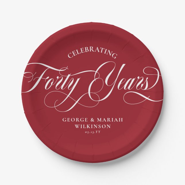  Ruby Red Swirly Script 40th Wedding Anniversary Paper Plate (Front)