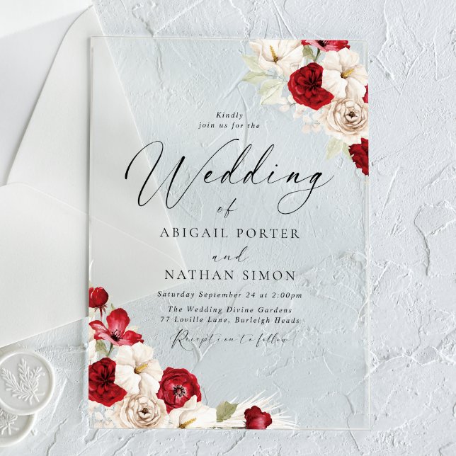 Ruby Red & White Floral Watercolor Wedding Acrylic Invitations (Creator Uploaded)