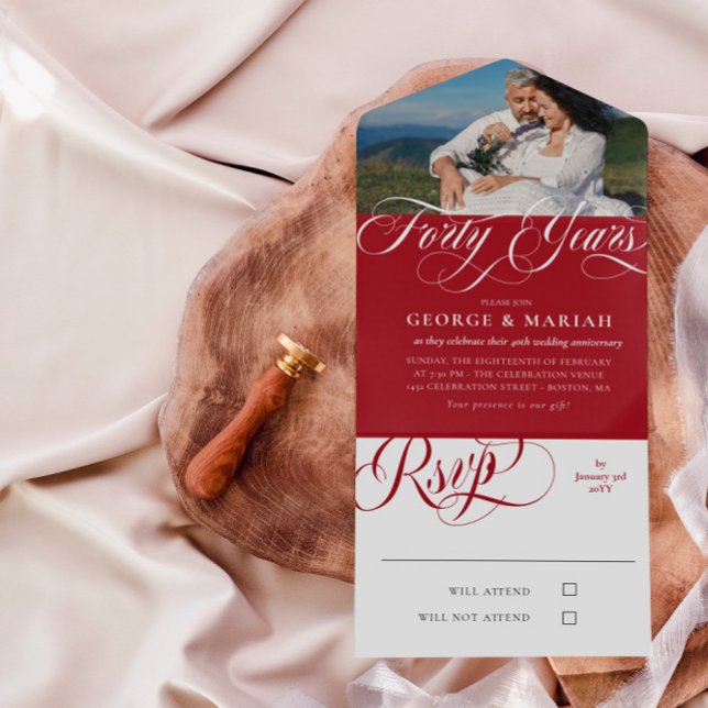 Ruby Red White Photo 40th Wedding Anniversary All In One Invitation (Creator Uploaded)