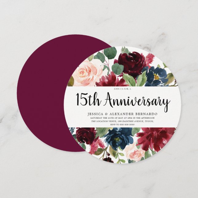Ruby Red Wine Flowers 15th Wedding Anniversary Invitation (Front/Back)