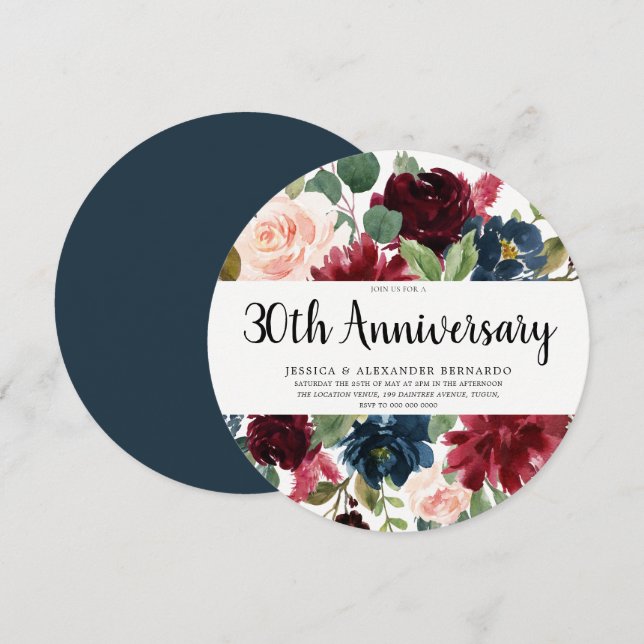 Ruby Red Wine Flowers 30th Wedding Anniversary Invitation (Front/Back)