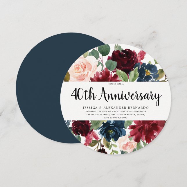 Ruby Red Wine Flowers 40th Wedding Anniversary Invitation (Front/Back)