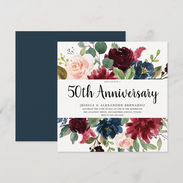 Ruby Red Wine Flowers 50th Wedding Anniversary Invitation (Front/Back)