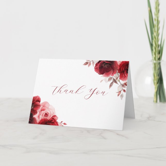 Ruby Red Wine Luxe Radiant Floral Wedding  Thank You Card (Front)