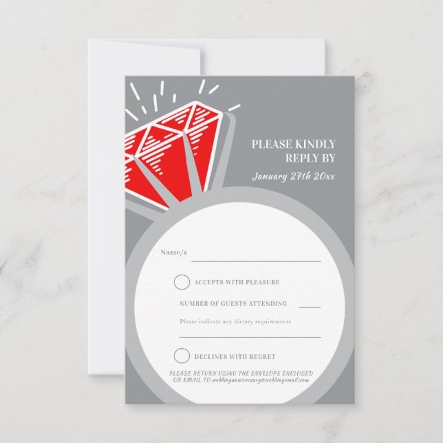 Ruby ring 40th anniversary wedding reply card (Front)