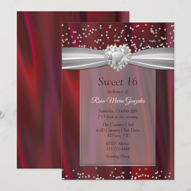 Ruby Satin and Diamonds Sweet 16 Invitation (Front/Back)