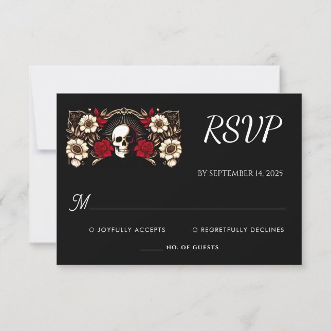 Ruby Thick Claret White Heart Red Black Wedding RSVP Card (Front)