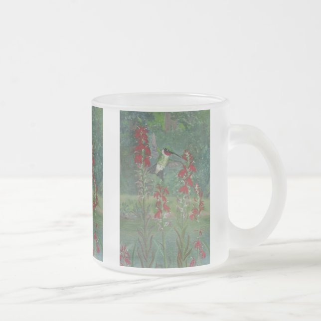 Ruby-throat and Cardinal Flower Frosted Glass Coffee Mug (Right)