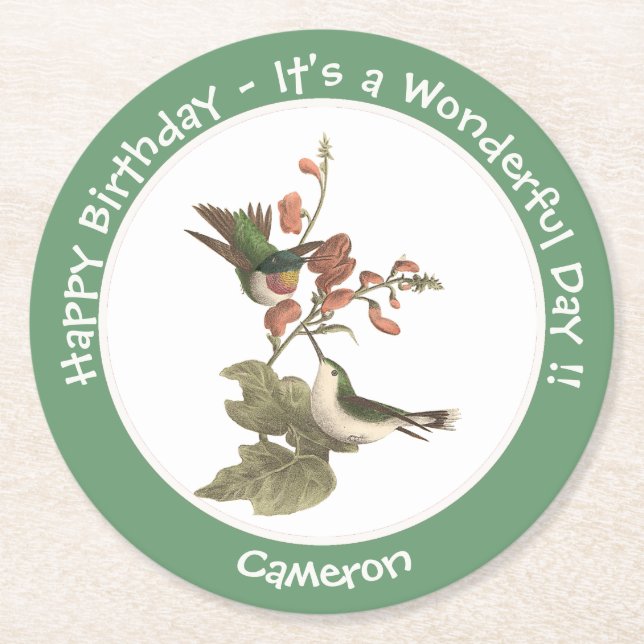Ruby-throated Hummingbird, Birthday or Other Party Round Paper Coaster (Front)