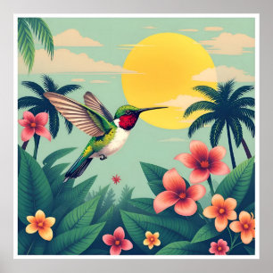 Ruby-Throated Hummingbird Floral Illustration Poster