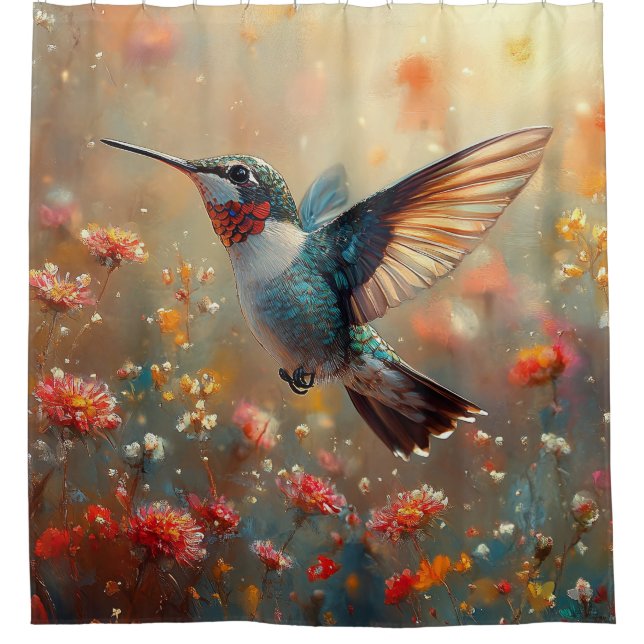 Ruby-Throated Hummingbird Floral Shower Curtain (Front)