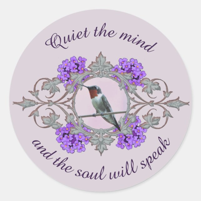 Ruby Throated Hummingbird, Purple Embellishments Classic Round Sticker (Front)