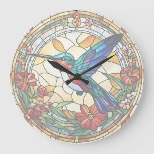 Ruby Throated Hummingbird Stain Glass (no numbers) Large Clock