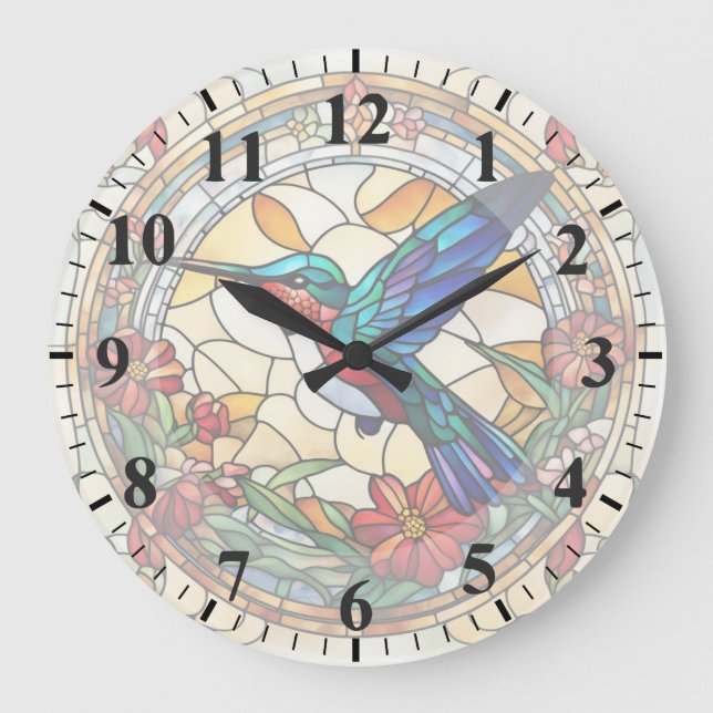 Ruby Throated Hummingbird Stained Glass Bird Clock (Front)