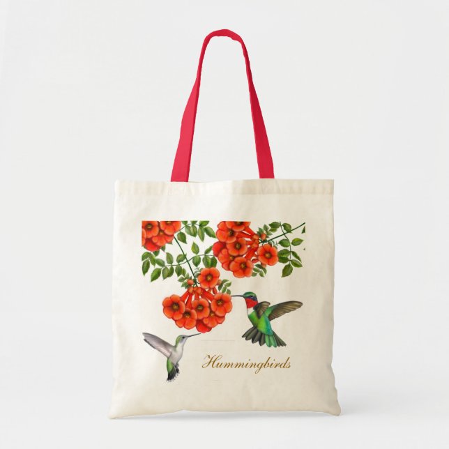 Ruby Throated Hummingbirds in Trumpet Creeper Vine Tote Bag (Front)
